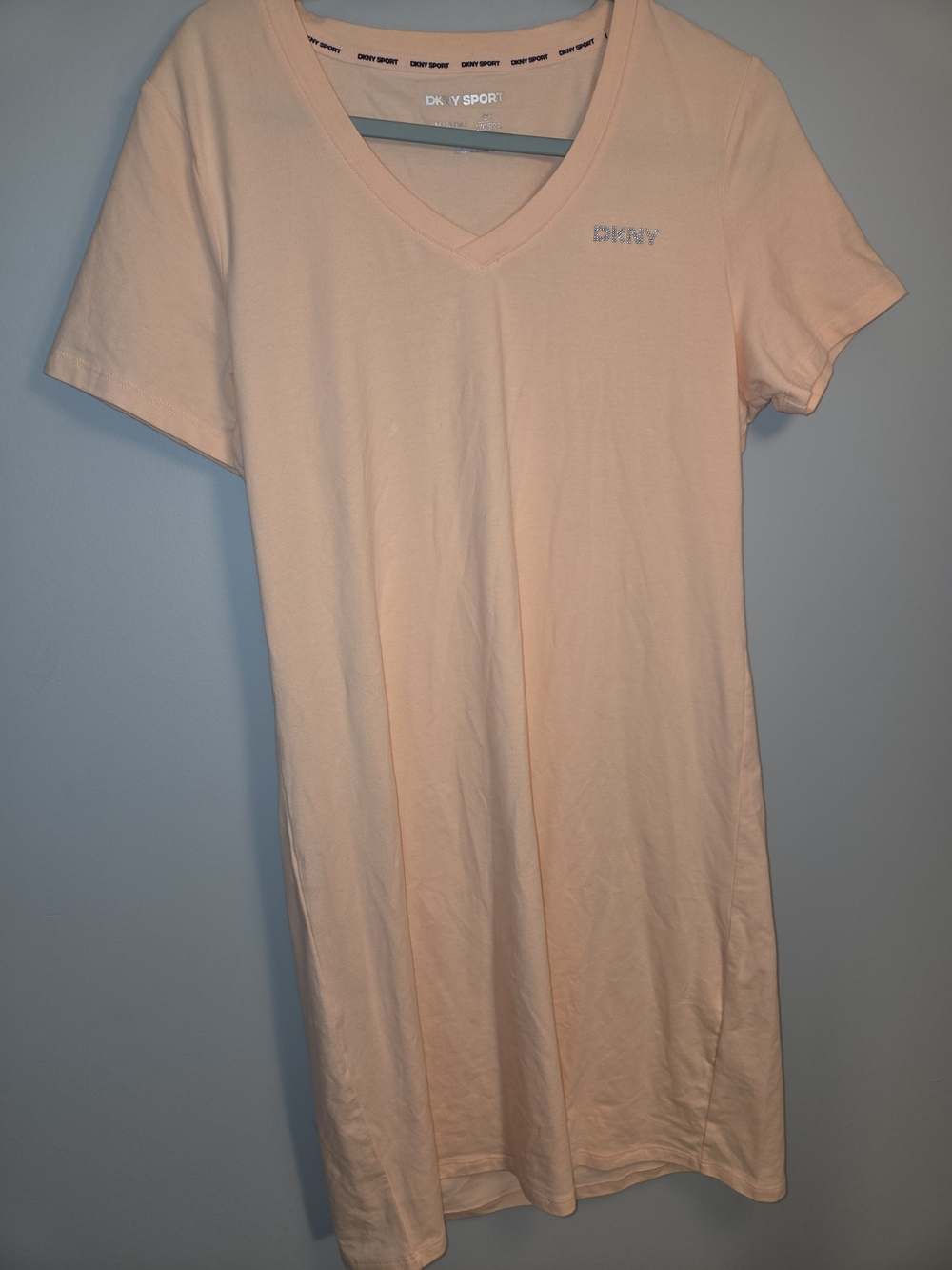 DKNY Sport Pink Peach V-Neck Studded Metallic Logo T-Shirt Mini Dress.